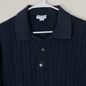 Spier & Mackay Linen Cotton Navy Cable Knit Polo Shirt Mens Large Short Sleeve